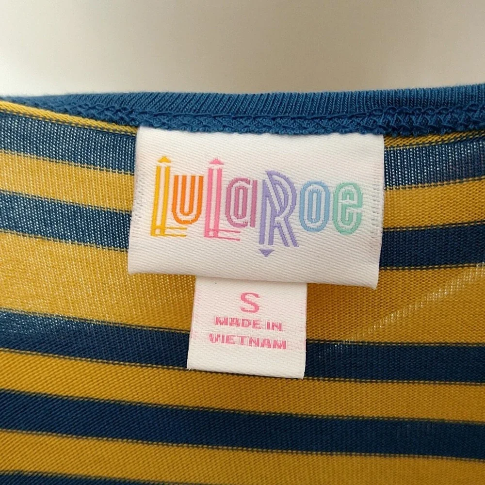 LuLaRoe Irma Tunic Top Womens Small Mustard Navy Blue Striped High Low Relaxed
